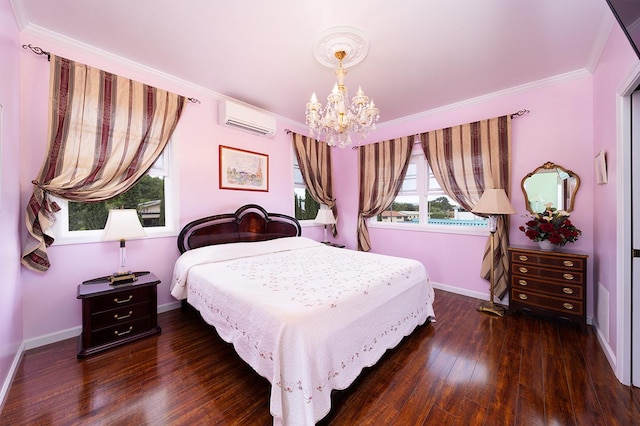 1890 Kaiao St, Hilo, HI 96720 - bedroom with a wall mounted AC, a chandelier, baseboards, wood finished floors, and ornamental molding