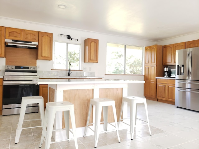 15-1826 32nd Ave, Keaau, HI 96749 - kitchen featuring appliances with stainless steel finishes, under cabinet range hood, a sink, and light countertops