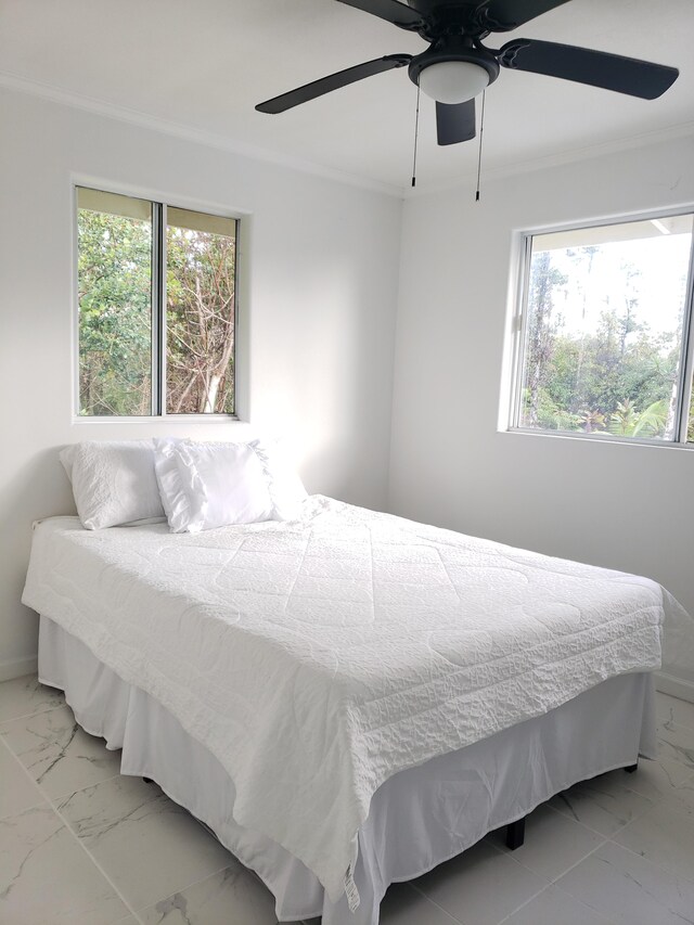 15-1826 32nd Ave, Keaau, HI 96749 - bedroom featuring light marble finish floors, multiple windows, crown molding, and a ceiling fan