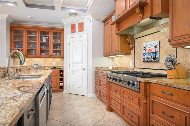 78-6804 Kuhinanui St, Kailua-Kona, HI 96740 - kitchen featuring a sink, ornamental molding, stainless steel appliances, tasteful backsplash, and glass insert cabinets