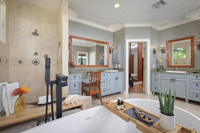 78-6804 Kuhinanui St, Kailua-Kona, HI 96740 - bathroom with a freestanding tub, two vanities, crown molding, and tiled shower