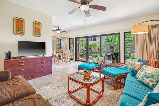 4460 Nehe Rd Unit 116, Lihue, HI 96766 - living room featuring a textured ceiling and ceiling fan