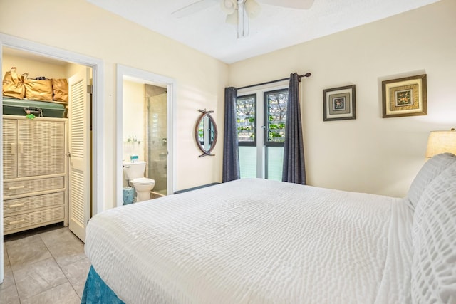 4460 Nehe Rd Unit 116, Lihue, HI 96766 - bedroom with ceiling fan, ensuite bath, and light tile patterned flooring