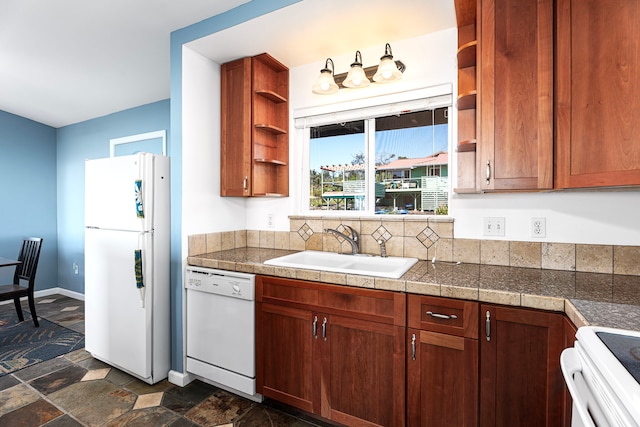 92-8227 Trade Wind Blvd, Ocean View, HI 96737 - kitchen with white appliances, open shelves, tile counters, a sink, and dark stone finish floors