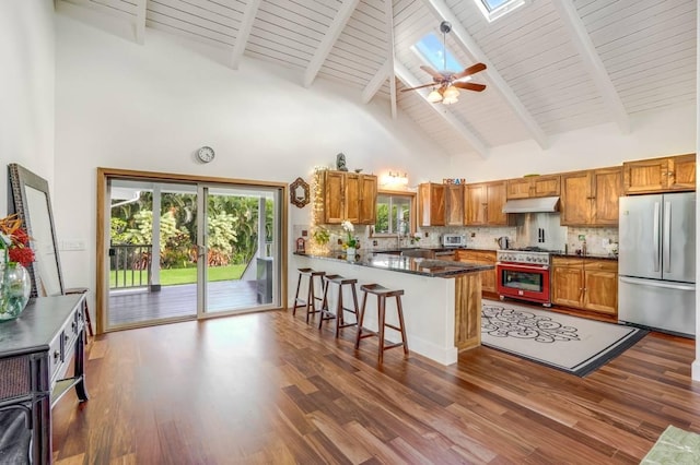 5750-M Olohena Rd, Kapaa, HI 96746 - kitchen featuring appliances with stainless steel finishes, under cabinet range hood, high vaulted ceiling, dark countertops, and a peninsula