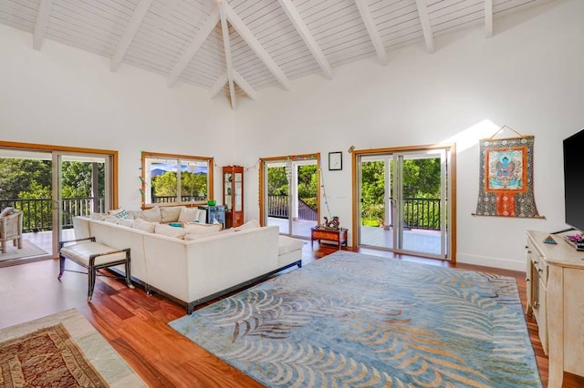 5750-M Olohena Rd, Kapaa, HI 96746 - living area with high vaulted ceiling, wood finished floors, healthy amount of natural light, and wooden ceiling with exposed beams