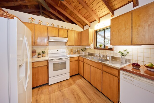 19-4235 Wright Rd, Volcano, HI 96785 - kitchen with white appliances, under cabinet range hood, a sink, wooden ceiling, and light wood-style flooring