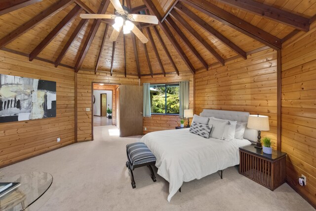 19-4235 Wright Rd, Volcano, HI 96785 - bedroom with wooden ceiling, wood walls, and carpet floors