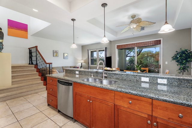 68-1125 Kaniku Dr Unit 1103, Kamuela, HI 96743 - kitchen featuring dishwasher, a sink, brown cabinets, decorative light fixtures, and a ceiling fan
