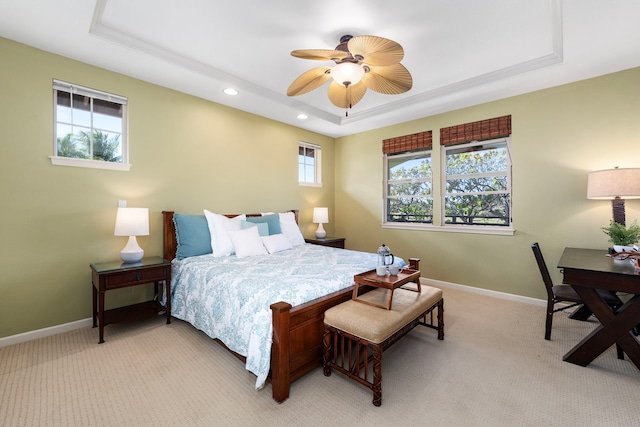 68-1125 Kaniku Dr Unit 1103, Kamuela, HI 96743 - bedroom featuring a raised ceiling, light colored carpet, baseboards, recessed lighting, and ceiling fan