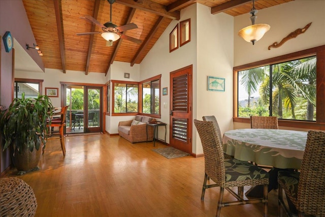 82-6289 Kahauloa St, Captain Cook, HI 96704 - dining area featuring wooden ceiling with exposed beams, wood finished floors, ceiling fan, and high vaulted ceiling