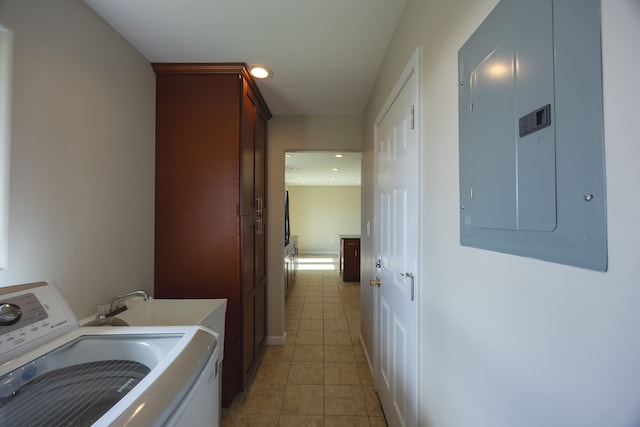 16-2042 Sandalwood Dr, Pahoa, HI 96778 - laundry room with washer / clothes dryer, electric panel, light tile patterned floors, recessed lighting, and cabinet space