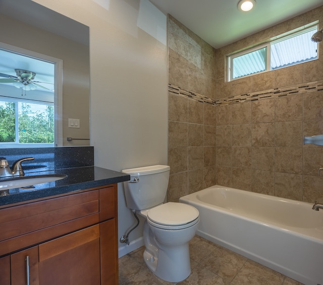 16-2042 Sandalwood Dr, Pahoa, HI 96778 - full bath with vanity, toilet, tile patterned floors, shower / bath combination, and ceiling fan