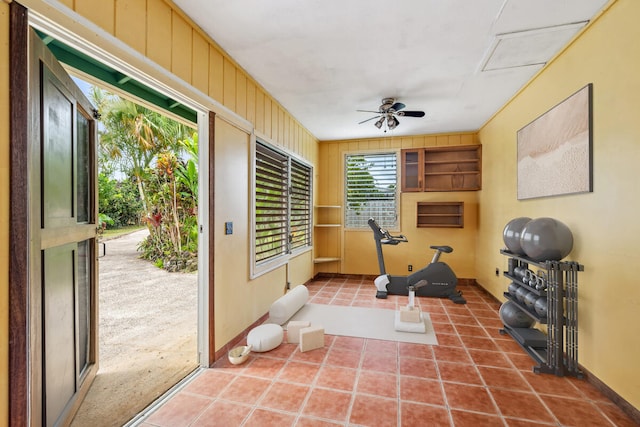 384-A Kaholalele Rd Unit B, Kapaa, HI 96746 - exercise area with tile patterned floors, baseboards, and ceiling fan