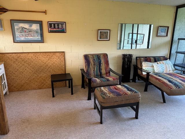 1875 Kalanianaole St Unit 209, Hilo, HI 96720 - sitting room featuring carpet floors and concrete block wall