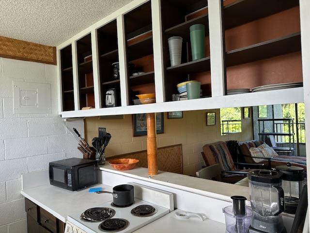 1875 Kalanianaole St Unit 209, Hilo, HI 96720 - kitchen view of black microwave, concrete block wall, a textured ceiling, light countertops, and range
