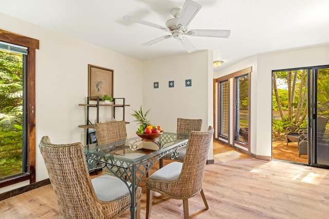 2721 Poipu Rd Unit 100, Koloa, HI 96756 - dining area with healthy amount of natural light, light wood-type flooring, and ceiling fan