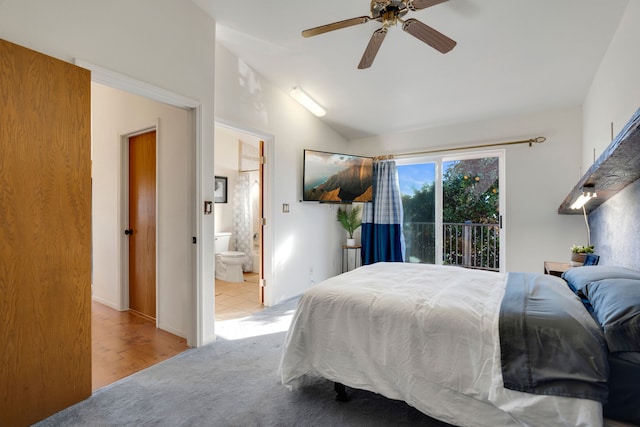 3719 Uwao St, Hanapepe, HI 96716 - carpeted bedroom with vaulted ceiling, ensuite bath, and ceiling fan