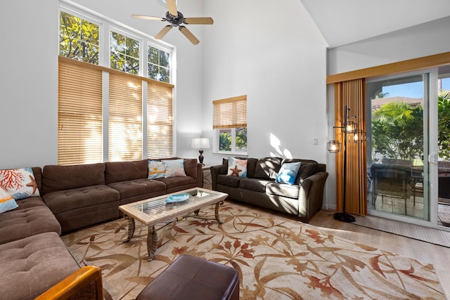 69-555 Waikoloa Beach Dr Unit 2605, Waikoloa, HI 96738 - living room featuring ceiling fan, high vaulted ceiling, and wood finished floors