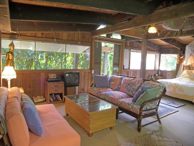 7143 Alamihi Rd, Hanalei, HI 96714 - living room with wood walls, beam ceiling, and carpet flooring