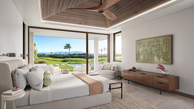 68-1051 Ke Kailani Dr, Kamuela, HI 96743 - bedroom featuring light wood finished floors, view of golf course, a ceiling fan, baseboards, and access to outside
