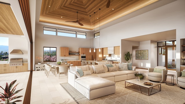 68-1051 Ke Kailani Dr, Kamuela, HI 96743 - living area featuring a towering ceiling, a tray ceiling, and a ceiling fan