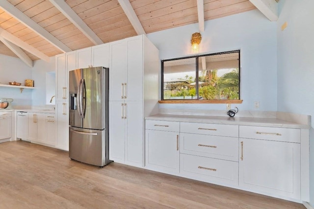 77-172 Kekai Pl, Kailua-Kona, HI 96740 - kitchen with stainless steel fridge with ice dispenser, wooden ceiling, white cabinets, light countertops, and light wood finished floors