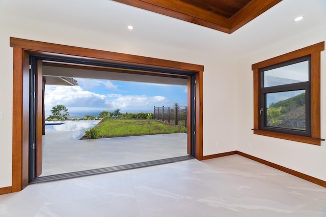 73-4460 Kohanaiki Rd, Kailua-Kona, HI 96740 - doorway to outside featuring baseboards, recessed lighting, a raised ceiling, tile patterned floors, and wooden ceiling