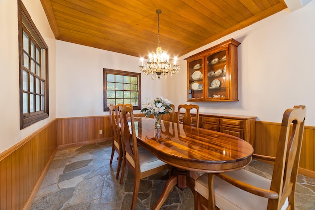 73-4310 Huehue St, Kailua-Kona, HI 96740 - dining space featuring a wainscoted wall, stone finish floors, wood walls, wooden ceiling, and a chandelier