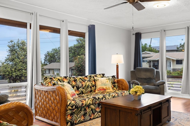 1646 Oneawa Pl, Hilo, HI 96720 - living room with wood finished floors, a textured ceiling, and ceiling fan