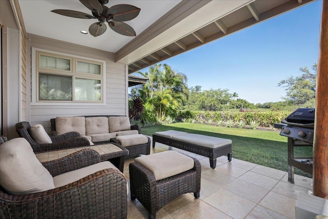 68-1122 Kaniku Dr Unit 111, Kamuela, HI 96743 - view of patio / terrace with an outdoor living space, ceiling fan, and grilling area