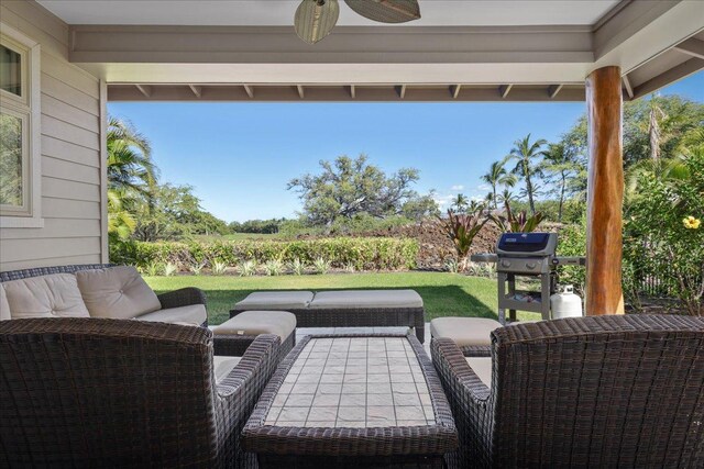 68-1122 Kaniku Dr Unit 111, Kamuela, HI 96743 - view of patio with a ceiling fan, an outdoor living space, and a grill
