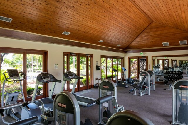 68-1122 Kaniku Dr Unit 111, Kamuela, HI 96743 - workout area with french doors, vaulted ceiling, plenty of natural light, and wood ceiling