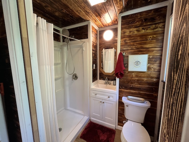 12-7010 Nahokulele St, Pahoa, HI 96778 - bathroom with wood ceiling, wooden walls, toilet, a shower stall, and vanity