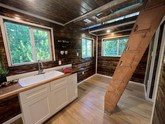 12-7010 Nahokulele St, Pahoa, HI 96778 - kitchen with a sink, wooden ceiling, wood walls, white cabinets, and light wood finished floors