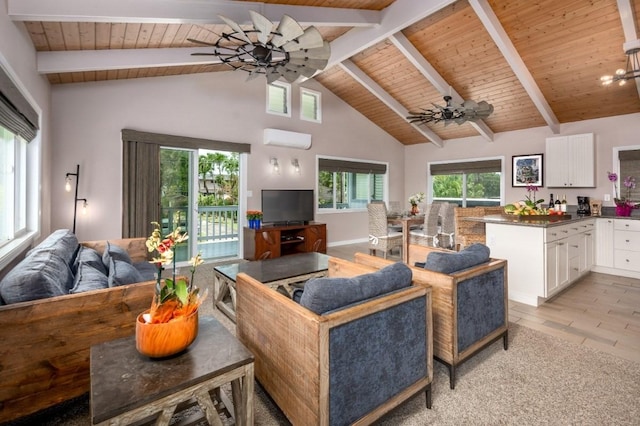 5527 Weke Rd, Hanalei, HI 96714 - living room with ceiling fan, wood ceiling with exposed beams, high vaulted ceiling, and a wall mounted AC