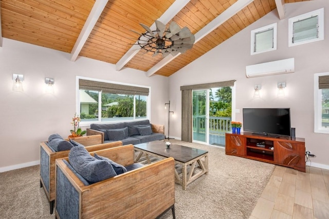 5527 Weke Rd, Hanalei, HI 96714 - living area featuring a wall unit AC, wood ceiling with exposed beams, baseboards, high vaulted ceiling, and ceiling fan