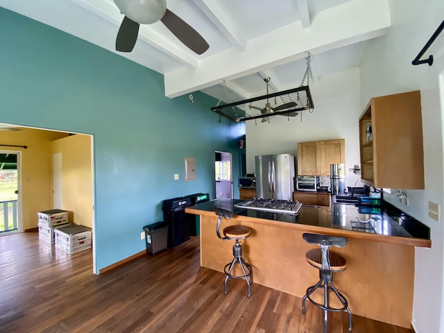 11-2747 Pikake St, Mountain View, HI 96771 - kitchen featuring appliances with stainless steel finishes, beamed ceiling, a towering ceiling, a peninsula, and a kitchen bar