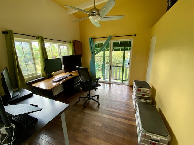 11-2747 Pikake St, Mountain View, HI 96771 - office space with ceiling fan, high vaulted ceiling, and dark wood-style flooring