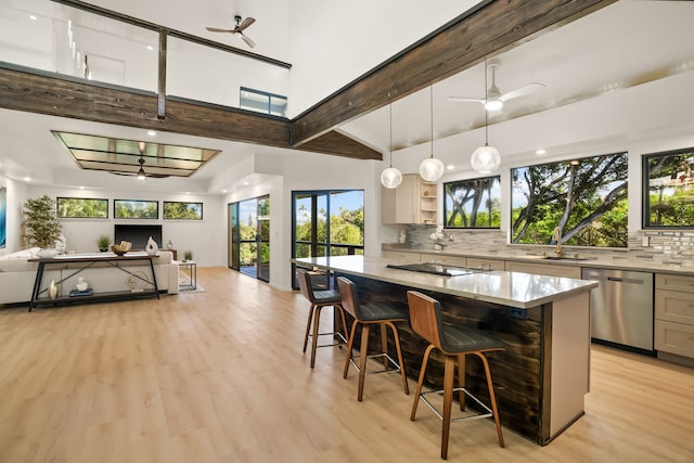 3973 Kalakaua Pl, Princeville, HI 96722 - kitchen with dishwasher, a ceiling fan, open floor plan, light wood-style floors, and high vaulted ceiling