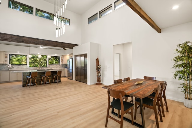 3973 Kalakaua Pl, Princeville, HI 96722 - dining room with light wood-style flooring, a towering ceiling, baseboards, and beamed ceiling