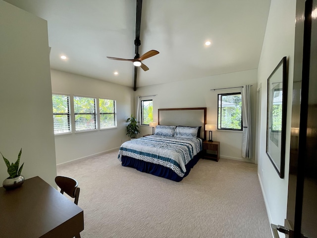 3973 Kalakaua Pl, Princeville, HI 96722 - carpeted bedroom featuring baseboards, recessed lighting, vaulted ceiling, and a ceiling fan