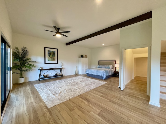 3973 Kalakaua Pl, Princeville, HI 96722 - bedroom featuring light wood-style flooring, beam ceiling, baseboards, recessed lighting, and ceiling fan