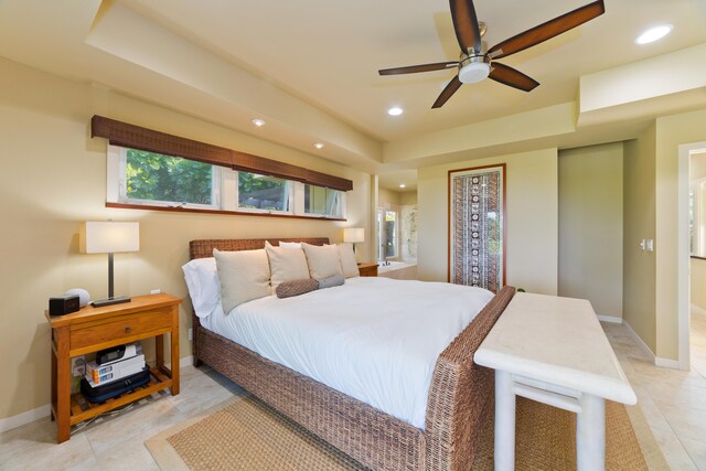 77-145 Kalaniuka St, Holualoa, HI 96725 - bedroom featuring recessed lighting, baseboards, a tray ceiling, and a ceiling fan