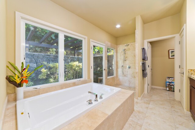 77-145 Kalaniuka St, Holualoa, HI 96725 - bathroom featuring a bath, vanity, tiled shower, and tile patterned flooring