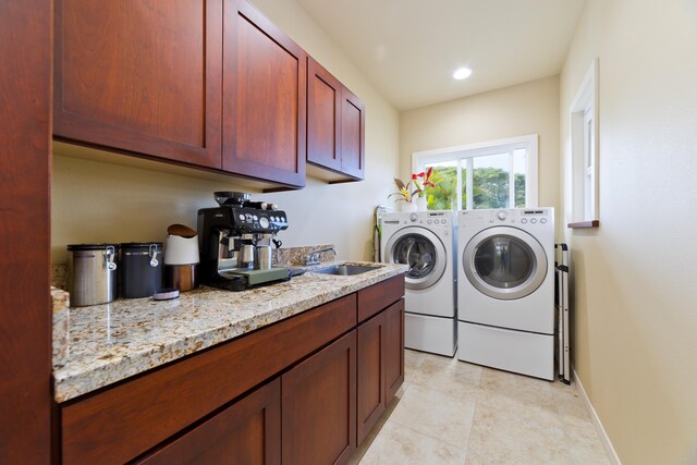 77-145 Kalaniuka St, Holualoa, HI 96725 - washroom with washer and clothes dryer, a sink, baseboards, light tile patterned flooring, and recessed lighting