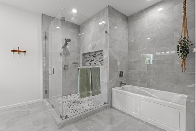 17-4525 Huina Rd, Kurtistown, HI 96760 - full bath with a bath, marble finish flooring, a stall shower, recessed lighting, and baseboards