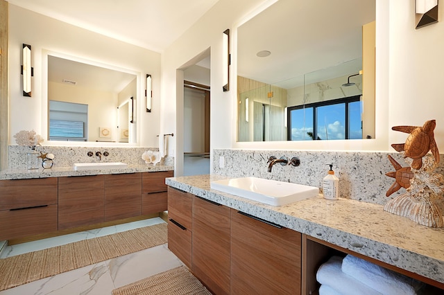 2240 Maka Pl, Koloa, HI 96756 - full bath with marble look tile flooring, backsplash, a stall shower, and two vanities