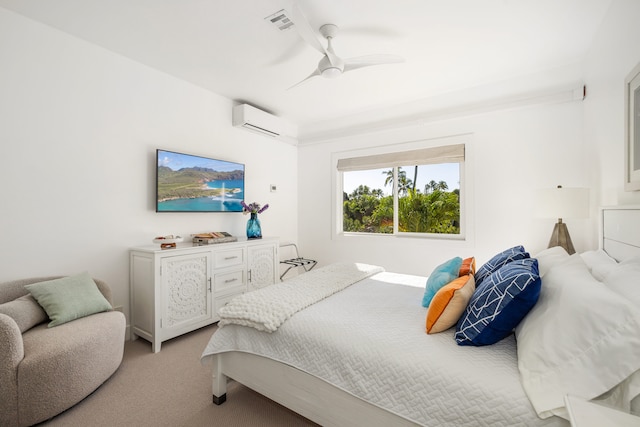 1831 Poipu Rd Unit 720, Koloa, HI 96756 - bedroom with an AC wall unit, light colored carpet, and a ceiling fan