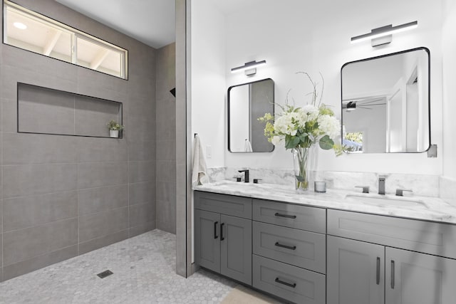 15-1615 13th Ave, Keaau, HI 96749 - bathroom with double vanity, ceiling fan, plenty of natural light, and tiled shower